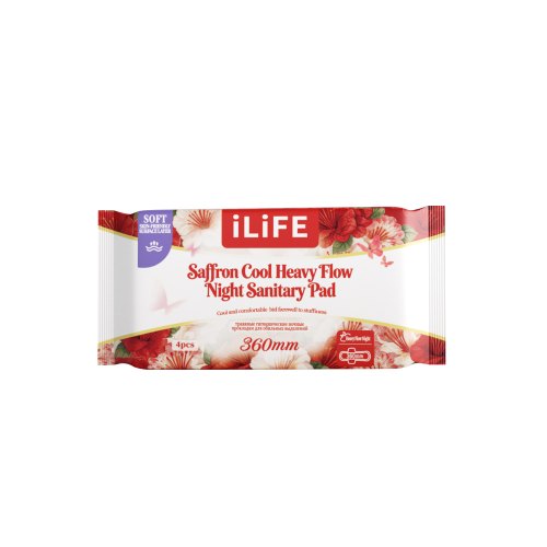 iLiFE гигиенические прокладки для обильных выделений с шафраном, охлаждающий эффект, для ночного использования / англо-русская версия / 360 мм / 4 шт.
