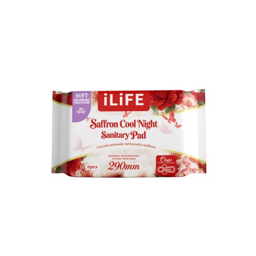 iLiFE гигиенические прокладки для ночного использования с шафраном, охлаждающий эффект / англо-русская версия / 290 мм / 6 шт.